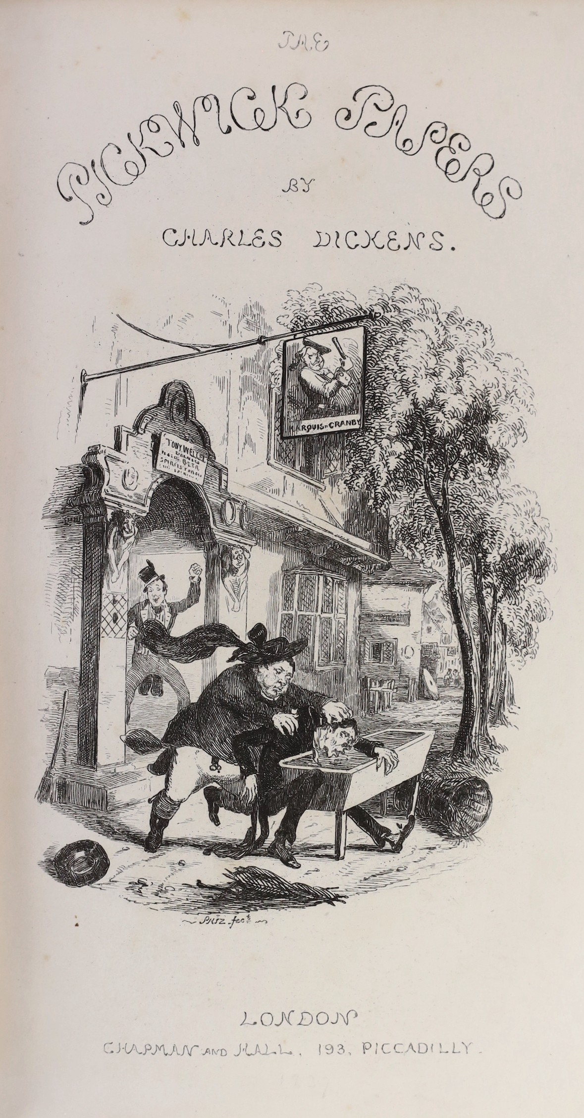 Dickens, Charles - The Posthumous Papers of The Pickwick Club, 2nd edition, 8vo, half leather, with 43 illustrations by R. Seymour and ‘’Phil’’, Chapman and Hall, London, [1837]